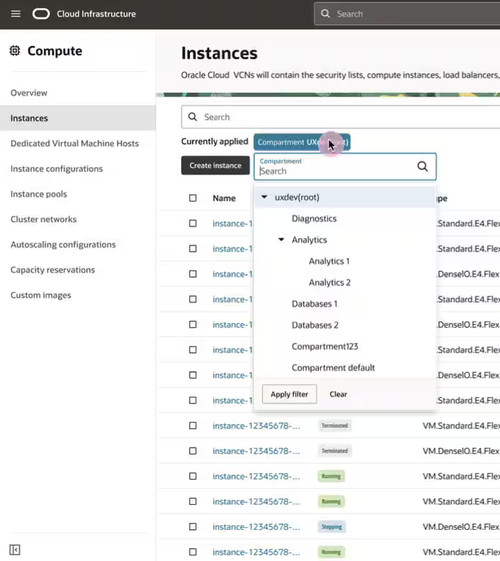 Screenshot of compute service Instances list page with compartment filter selected and showing compartment list.