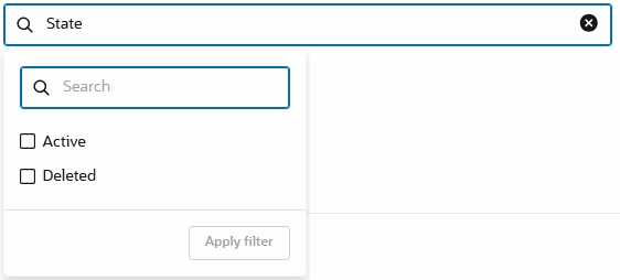 Screenshot of search box with State filter selected and showing value options Active and Deleted