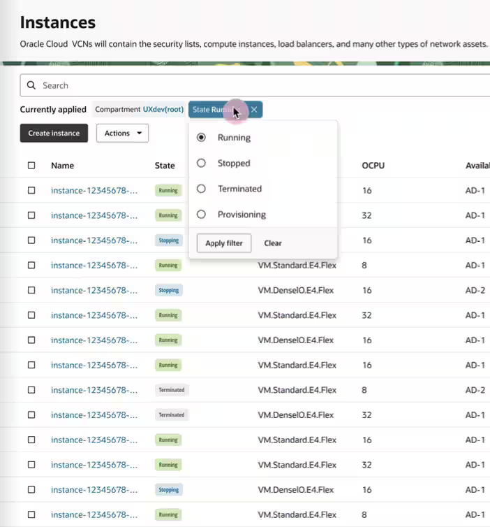 Screenshot of compute instances list page with a state filter applied and showing value options for the filter