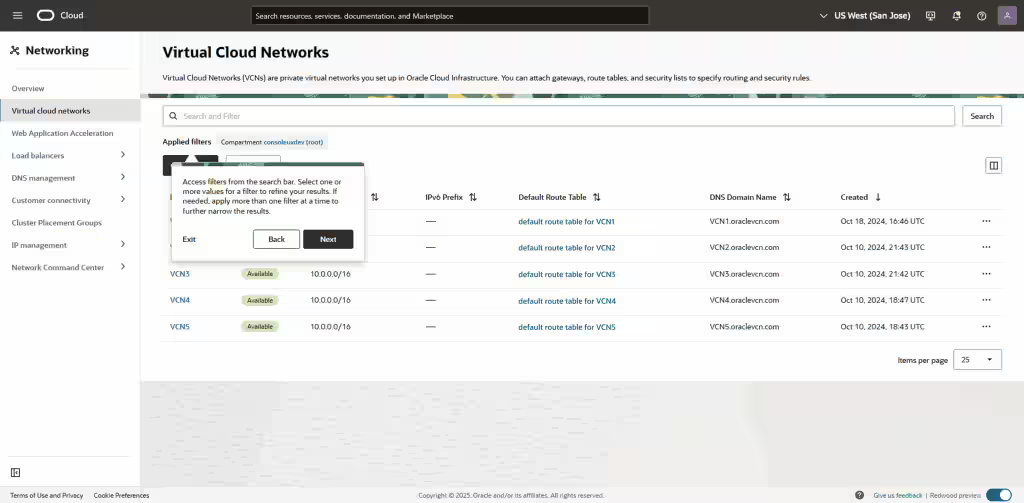 Screenshot showing the Virtual Cloud Networks page from the Networking service with the first step of the guided tour