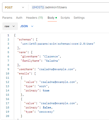 Body tab with JSON code