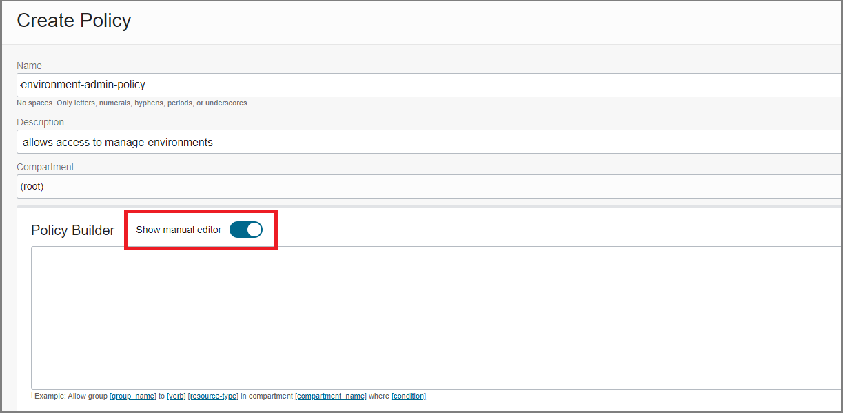 Detail showing the Policy Builder and manual editor toggle