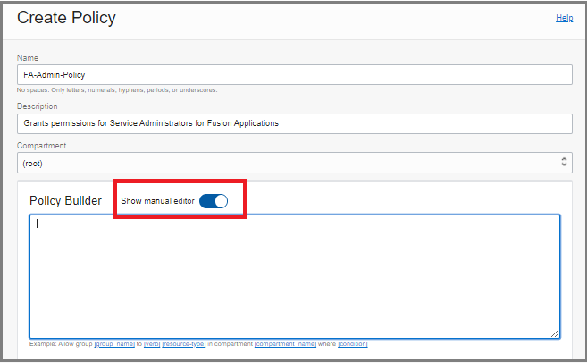 Detail showing the Policy Builder and manual editor toggle