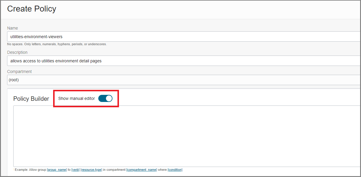 Detail showing the Policy Builder and manual editor toggle