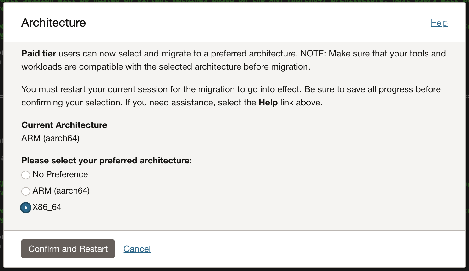 Cloud Shell switch architecture dialog