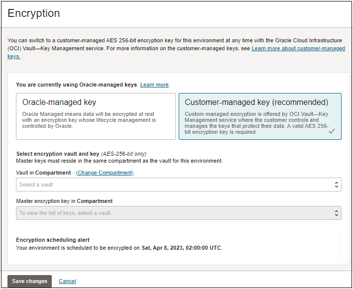 Adding a customer-managed key to an existing environment, highlighting the Customer-managed key selection