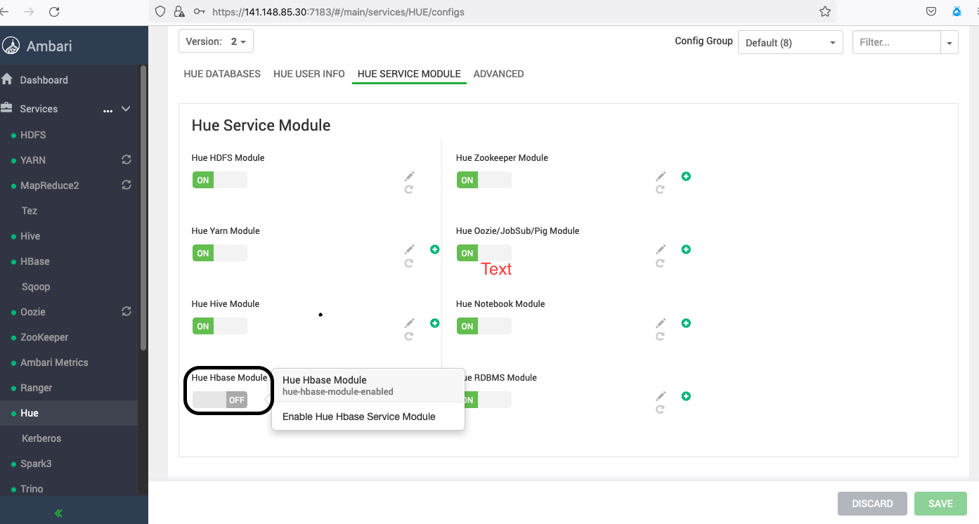 Apache Ambari screen shot showing the Hue HBase Module toggle field.