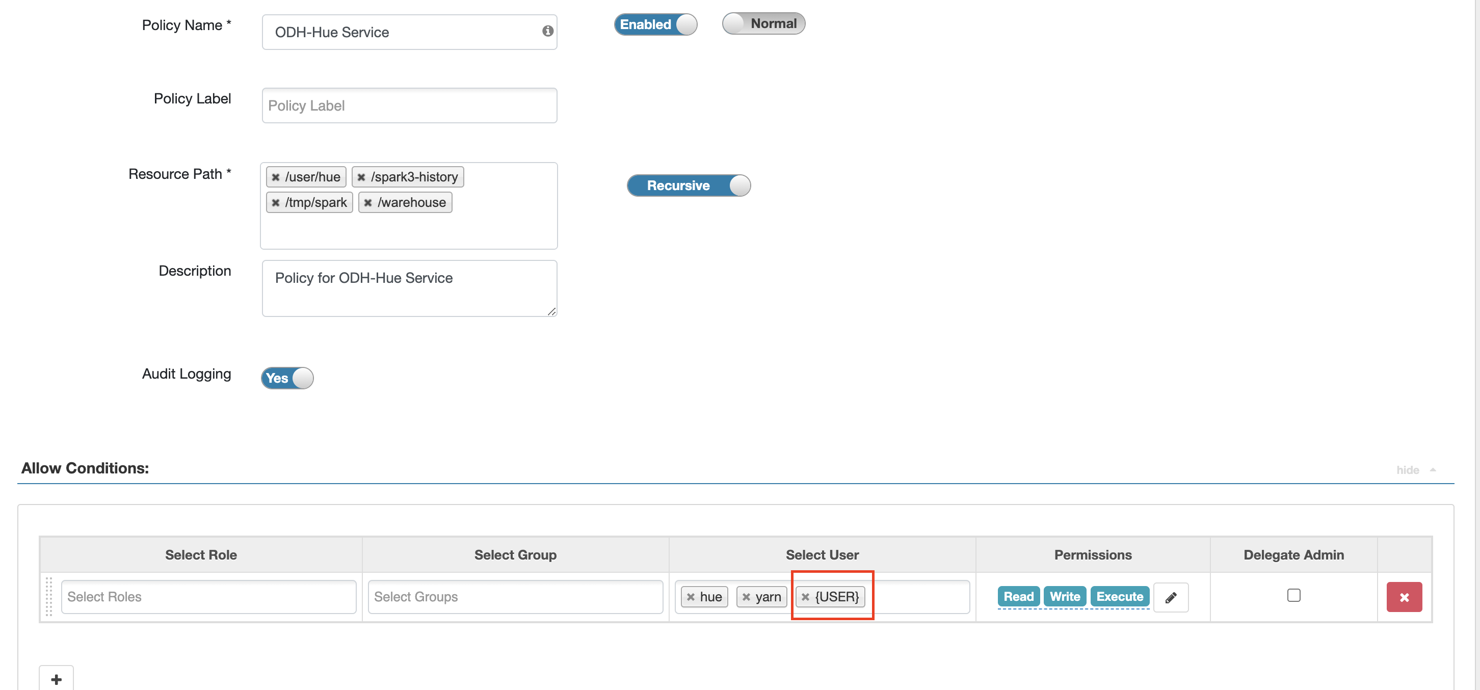 Add user to hue policy