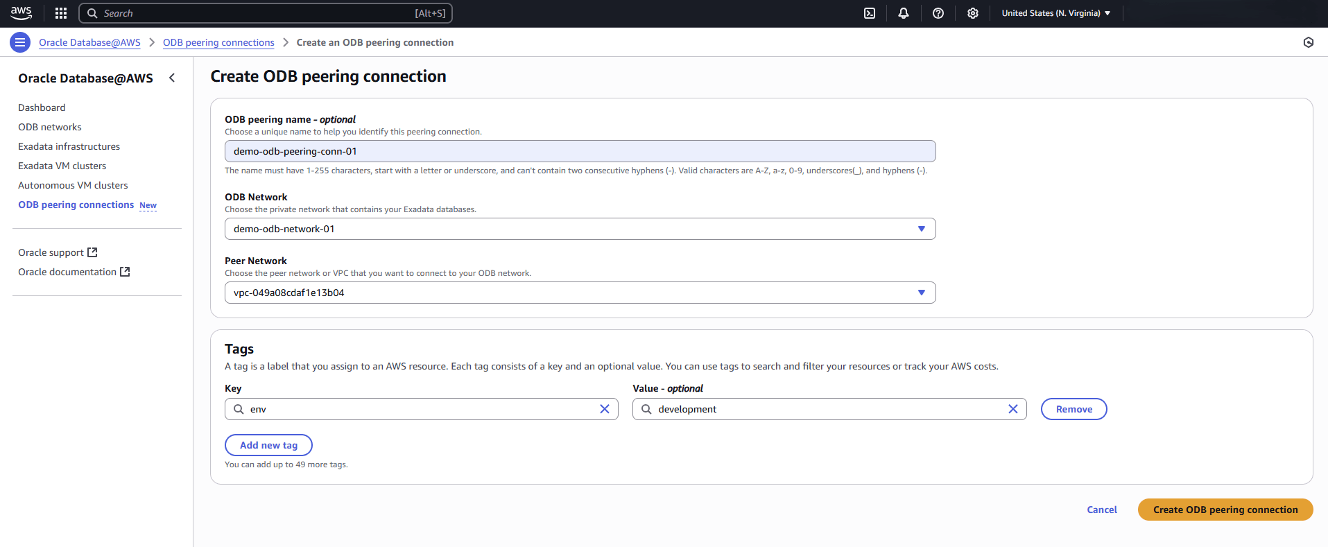 This screenshot shows the first part of creating an ODB peering connections. This screenshot shows the first part of creating an ODB peering connections.