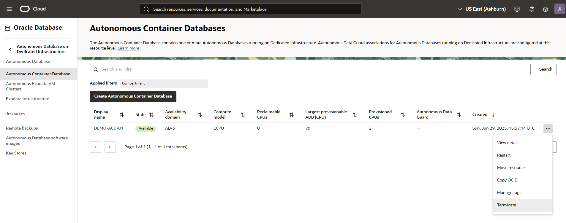 A screenshot of selecting terminate for the deletion of an Autonomous Container Database (ACD).