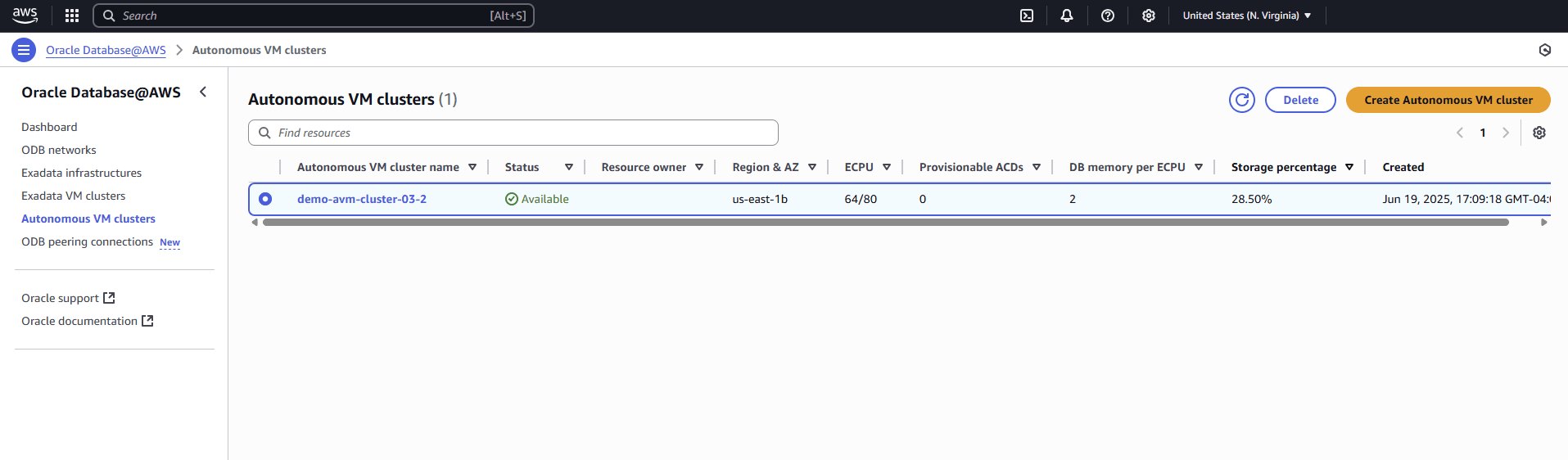 A screenshot of the start of the deletion process for an Autonomous VM Cluster.