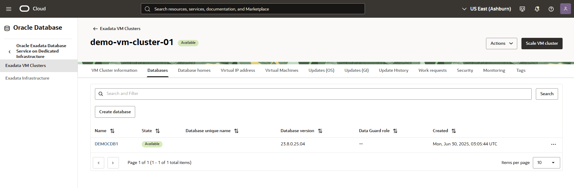 A screenshot of the start of the deletion process for an Exadata Database Container Database (CDB).