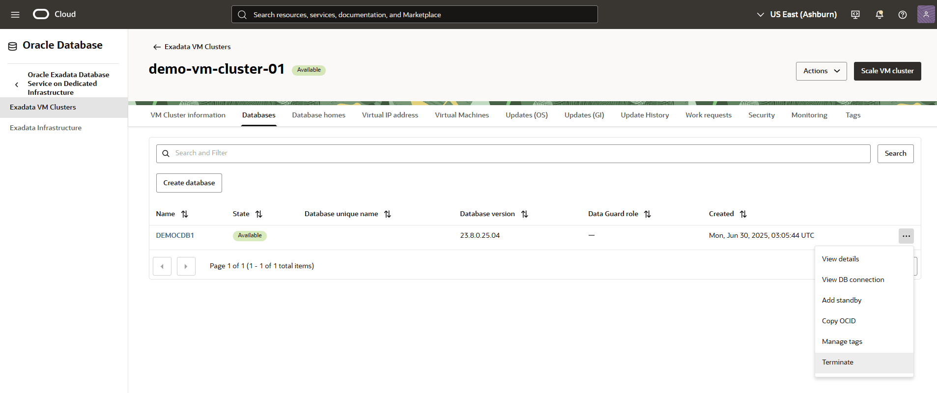A screenshot of terminating an Exadata Database Container Database (CDB).