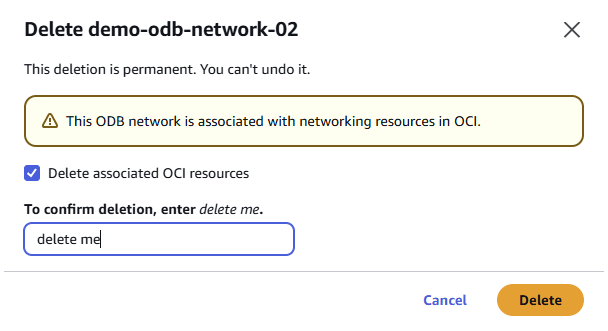 A screenshot of the confirmation of the deletion process for an ODB network.