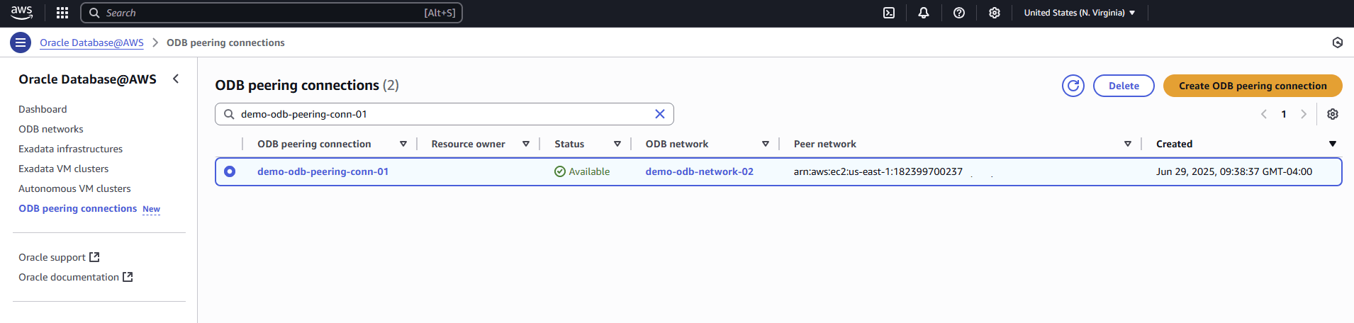 A screenshot of the start of the deletion process for an ODB Peering Connection.