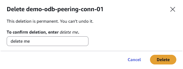 A screenshot of the confirmation of the deletion process for an ODB Peering Connection.