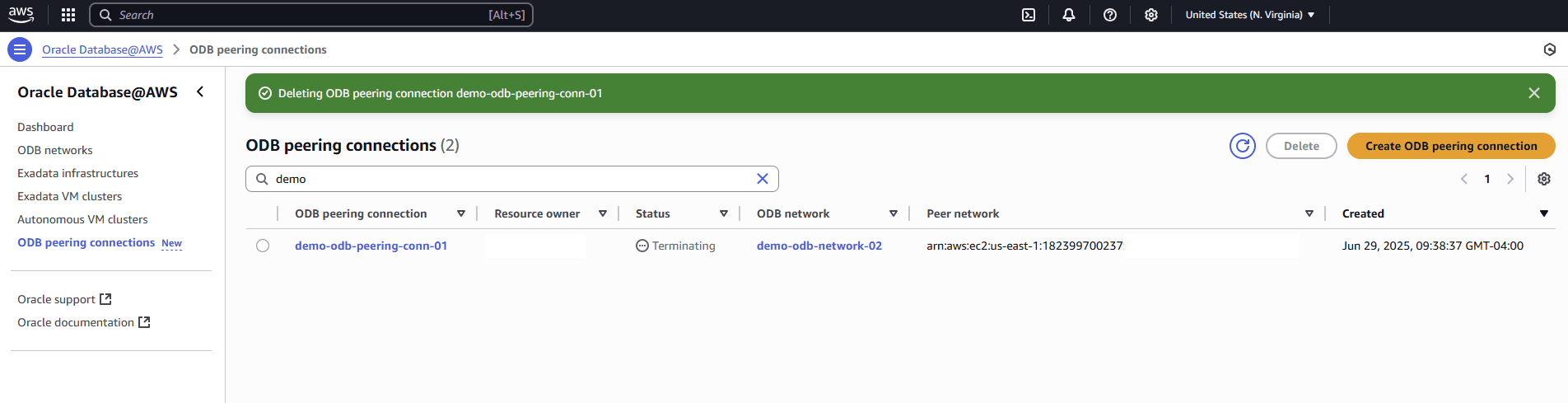 A screenshot of the end of a successful delete in the deletion process for an ODB Peering Connection.
