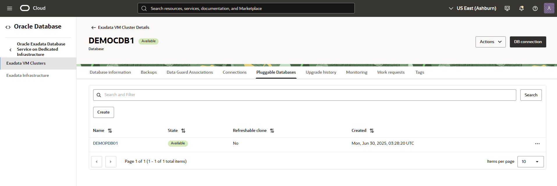 A screenshot of the start of the deletion process for an Exadata Database Pluggable Database (PDB).