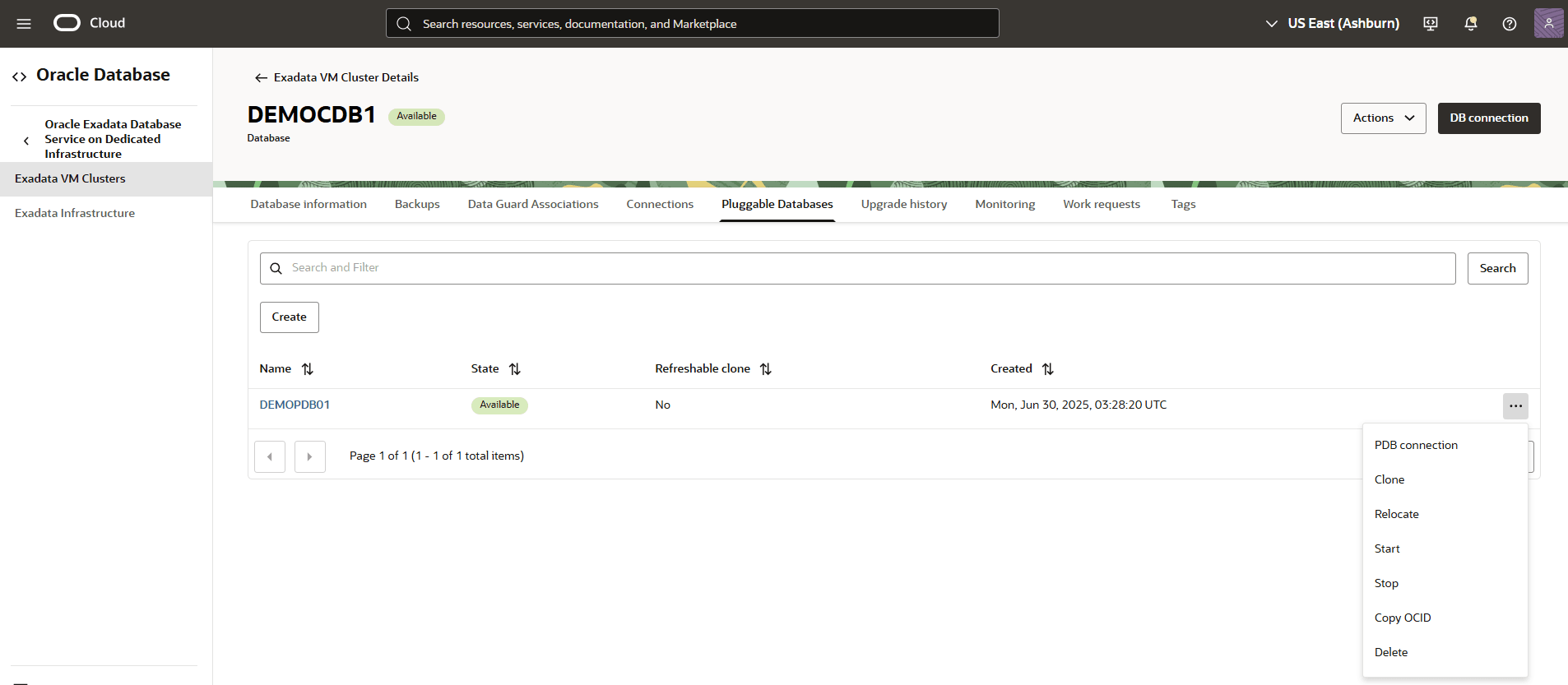 A screenshot of terminating an Exadata Database Puggable Database (PDB).
