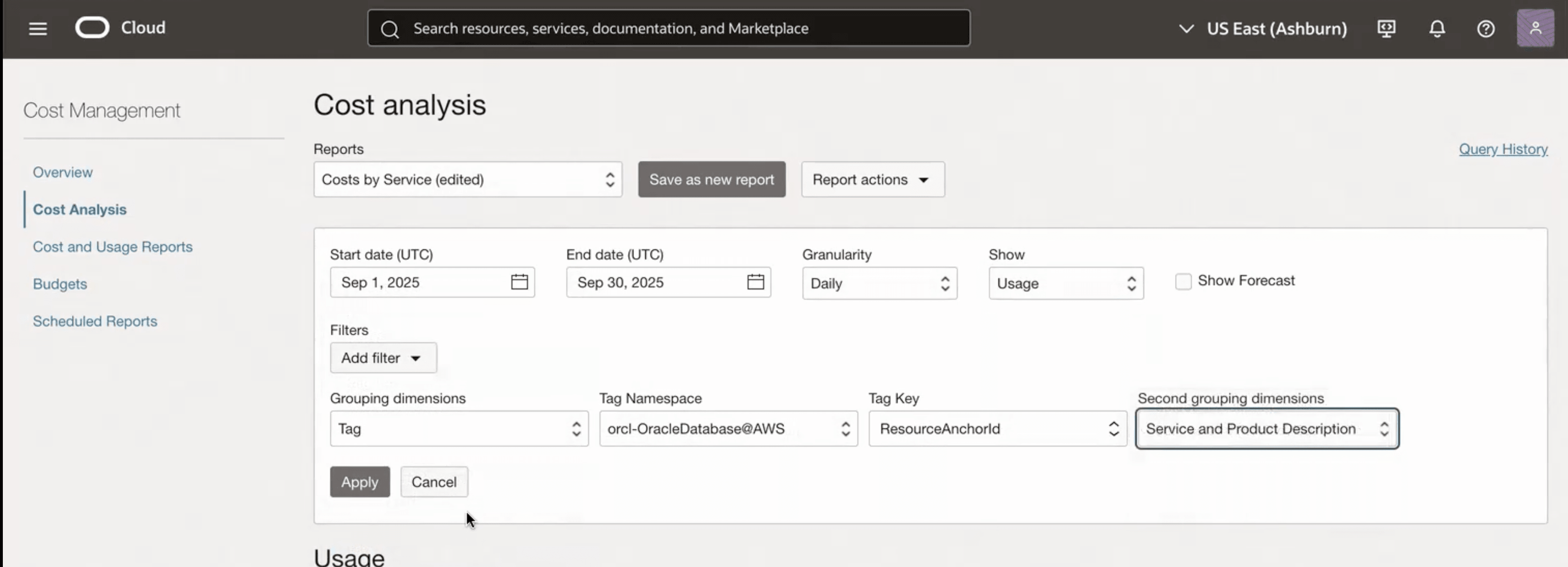 This screenshot shows how to monitor resource metering in the OCI console.