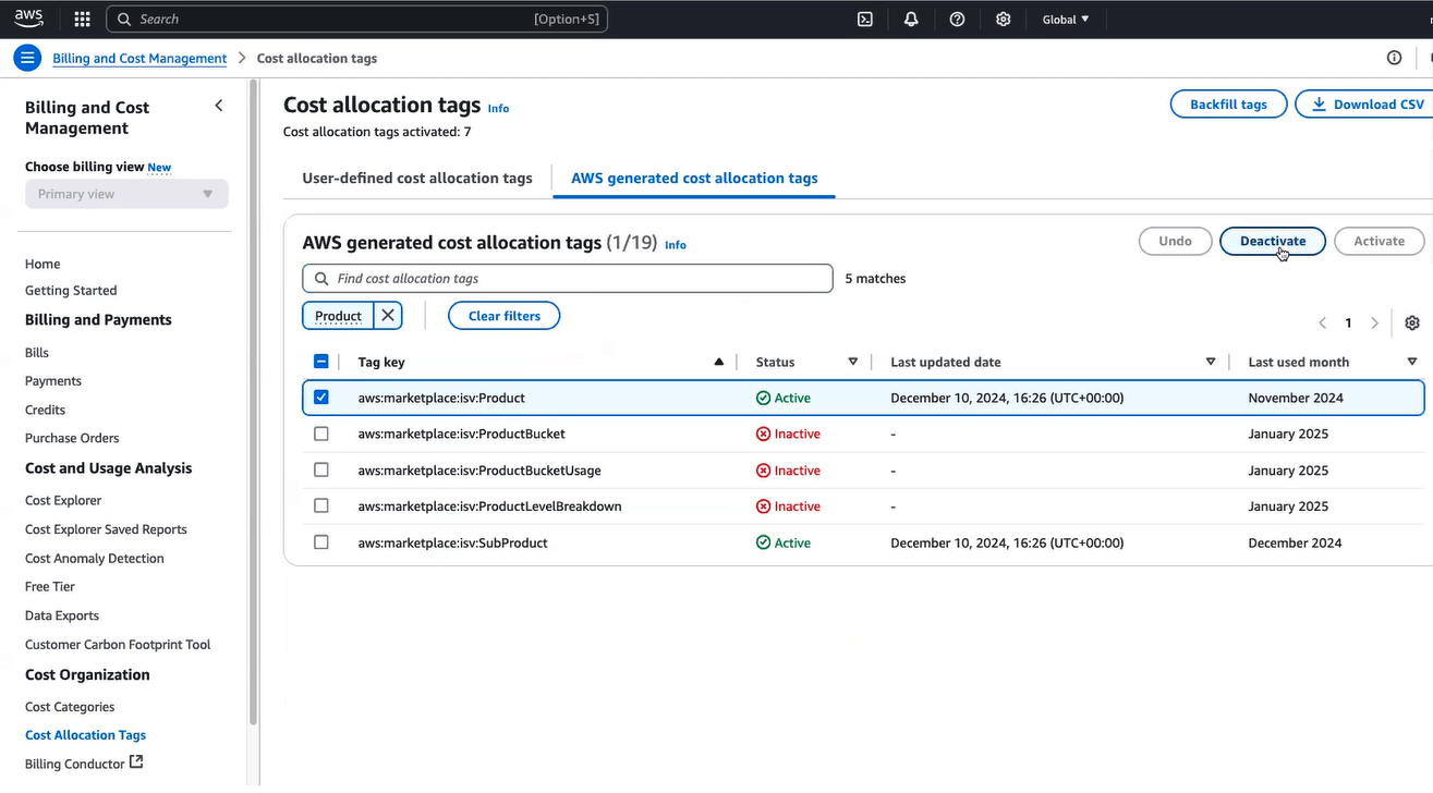 This screenshot shows the cost allocation tags page.