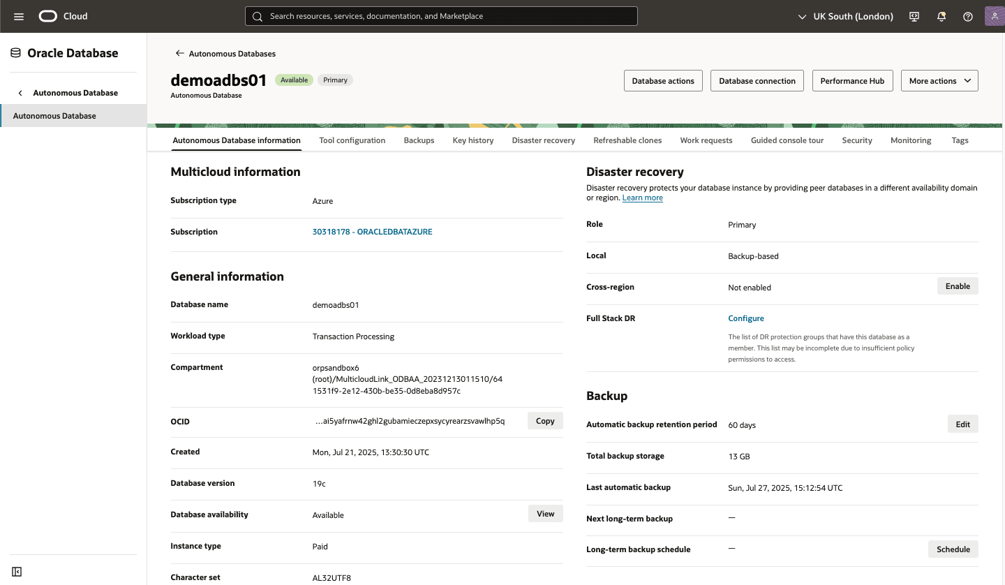 This screenshot shows the long-term backup of an Autonomous Database.