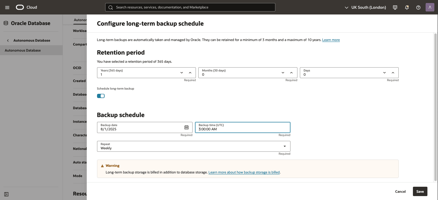 This screenshot shows the long-term backup of an Autonomous Database.