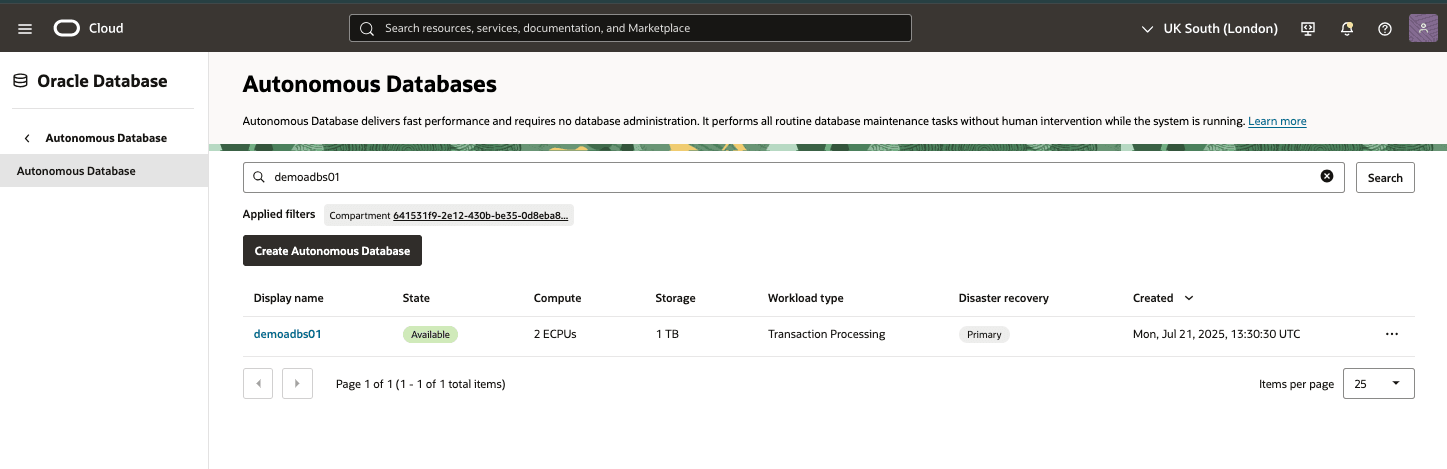 This screenshot shows the long-term backup of an Autonomous Database.