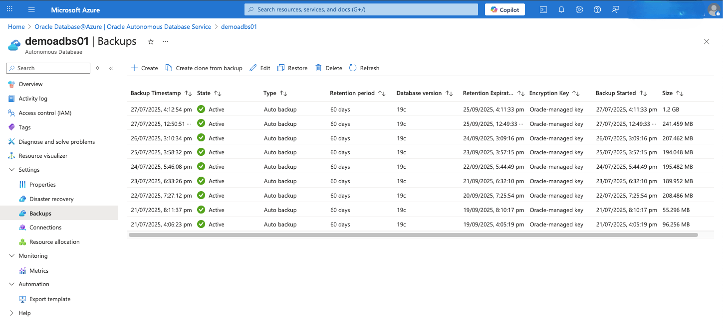 This screenshot shows the automatic backup of an Autonomous Database.