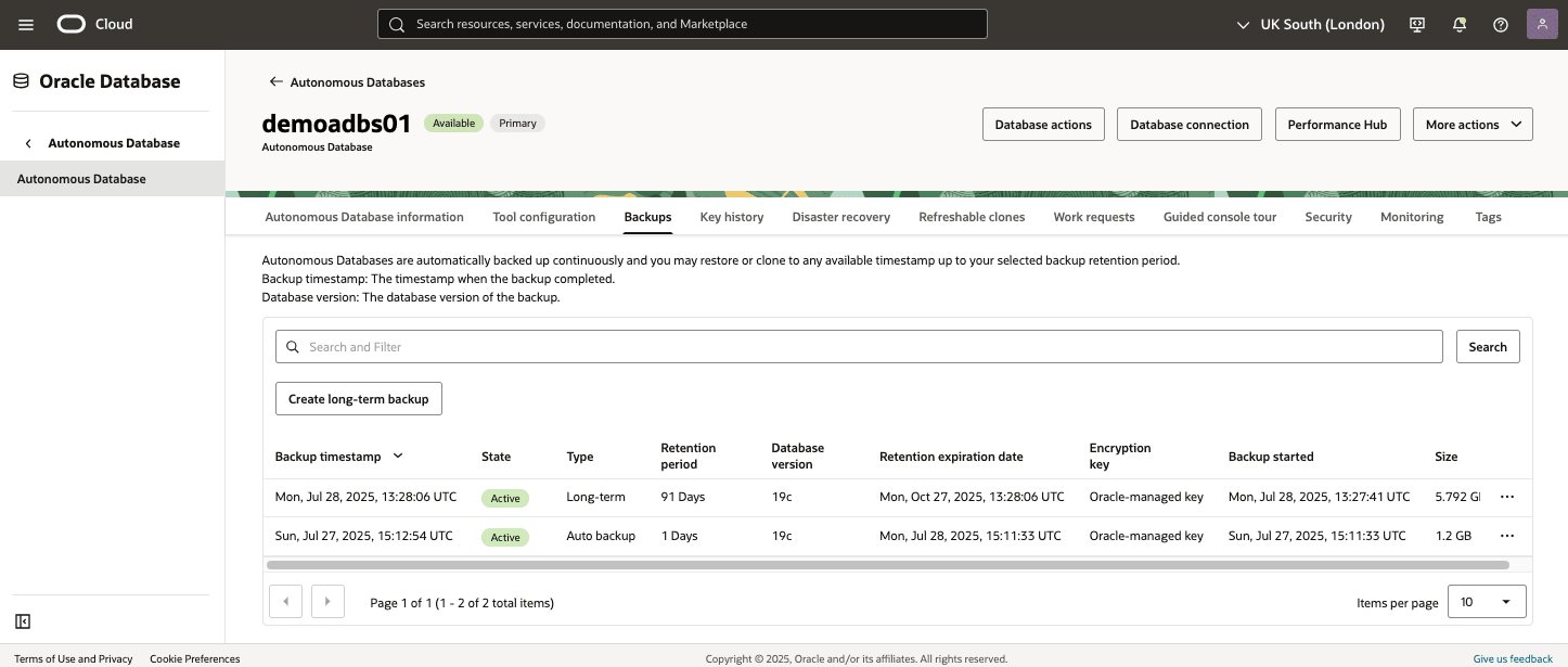 This screenshot shows the automatic backup of an Autonomous Database.