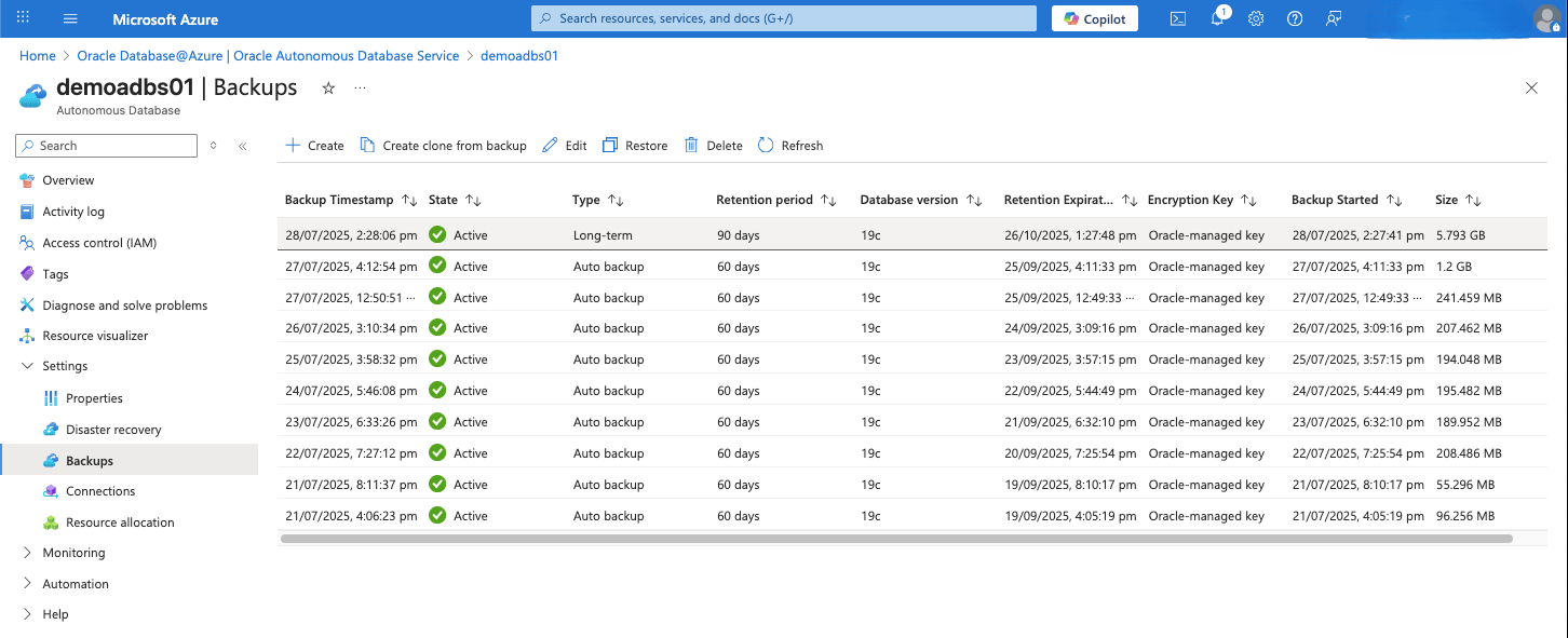 This screenshot shows the long-term backup of an Autonomous Database.