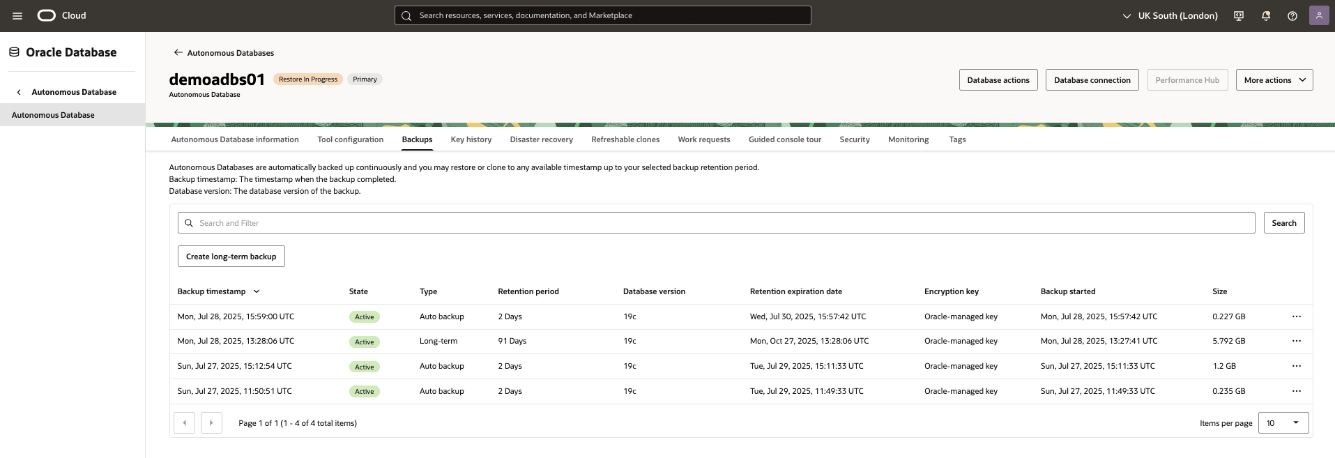 This screenshot shows the automatic restore of an Autonomous Database.
