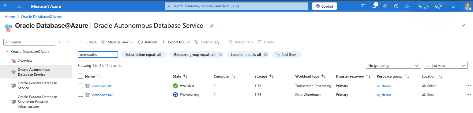 This screenshot shows the clone of an Autonomous Database from Automatic