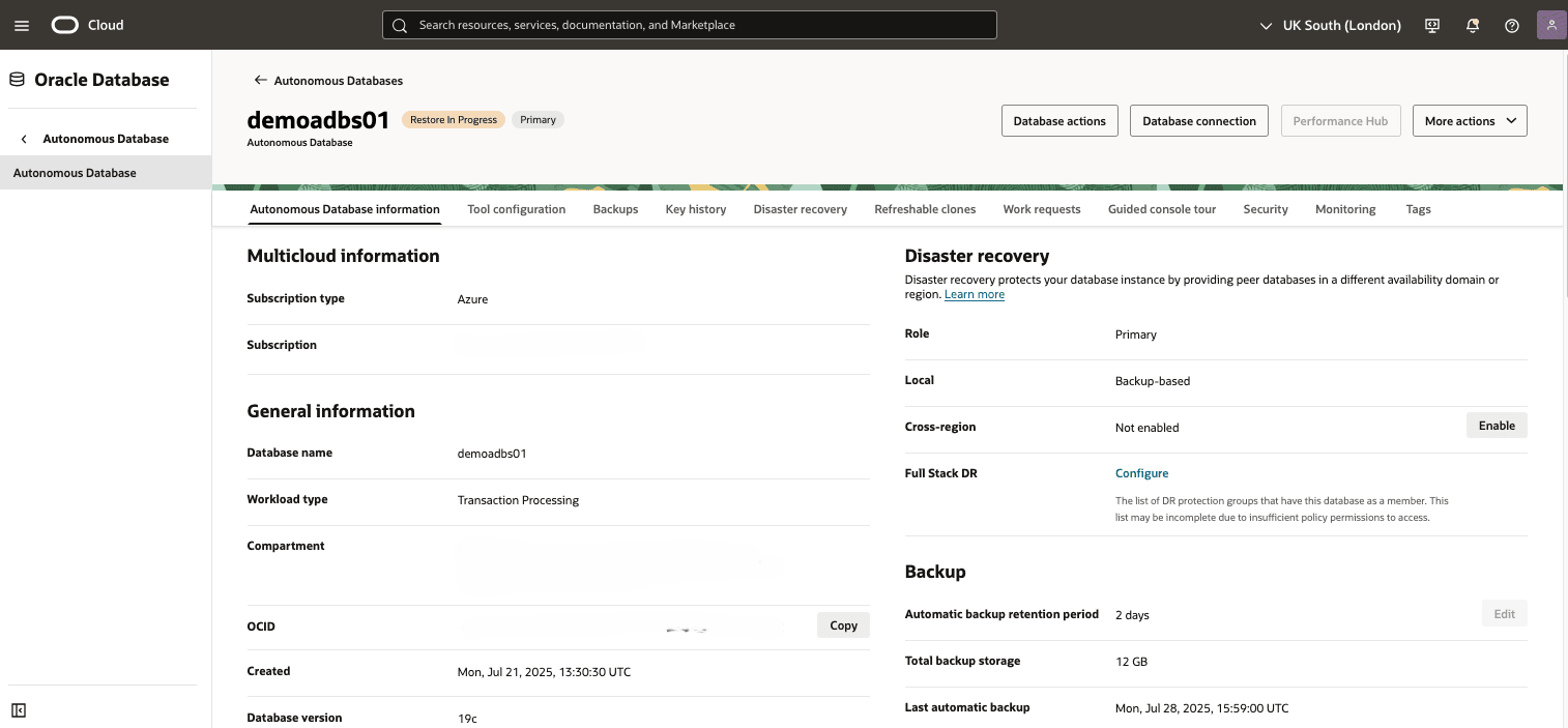 This screenshot shows the point-in-time restore of an Autonomous Database.