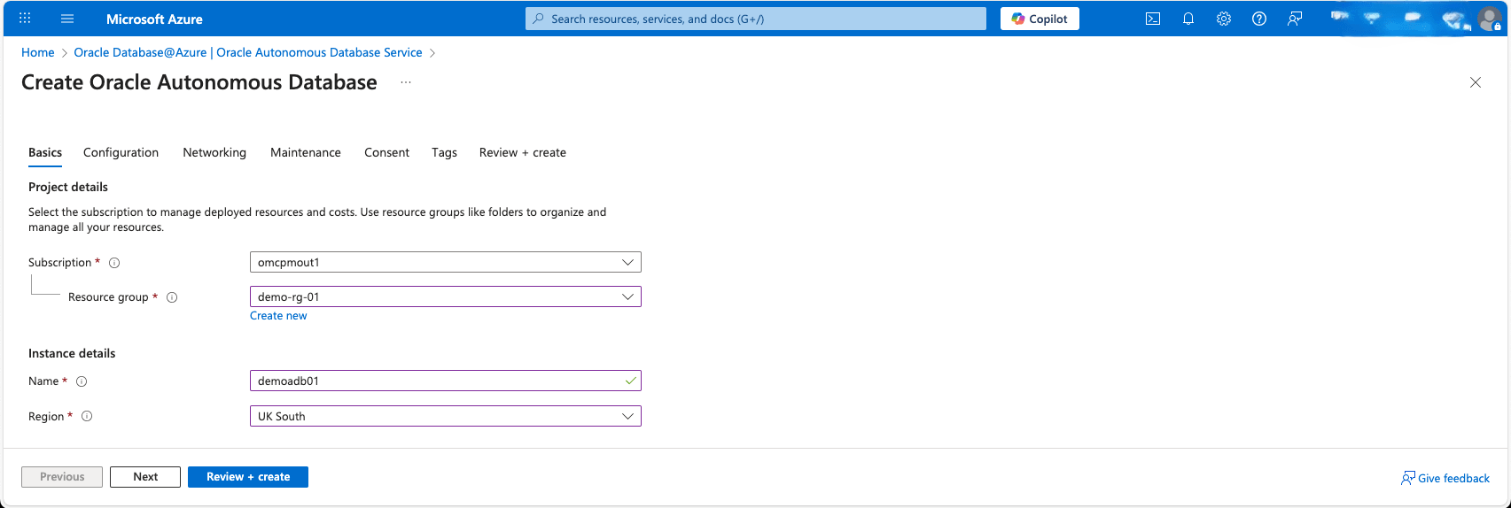 This screenshot shows the first part of creating an Autonomous Database.