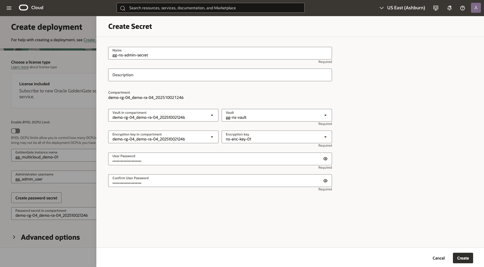 This screenshot shows how to create GoldenGate deployment.