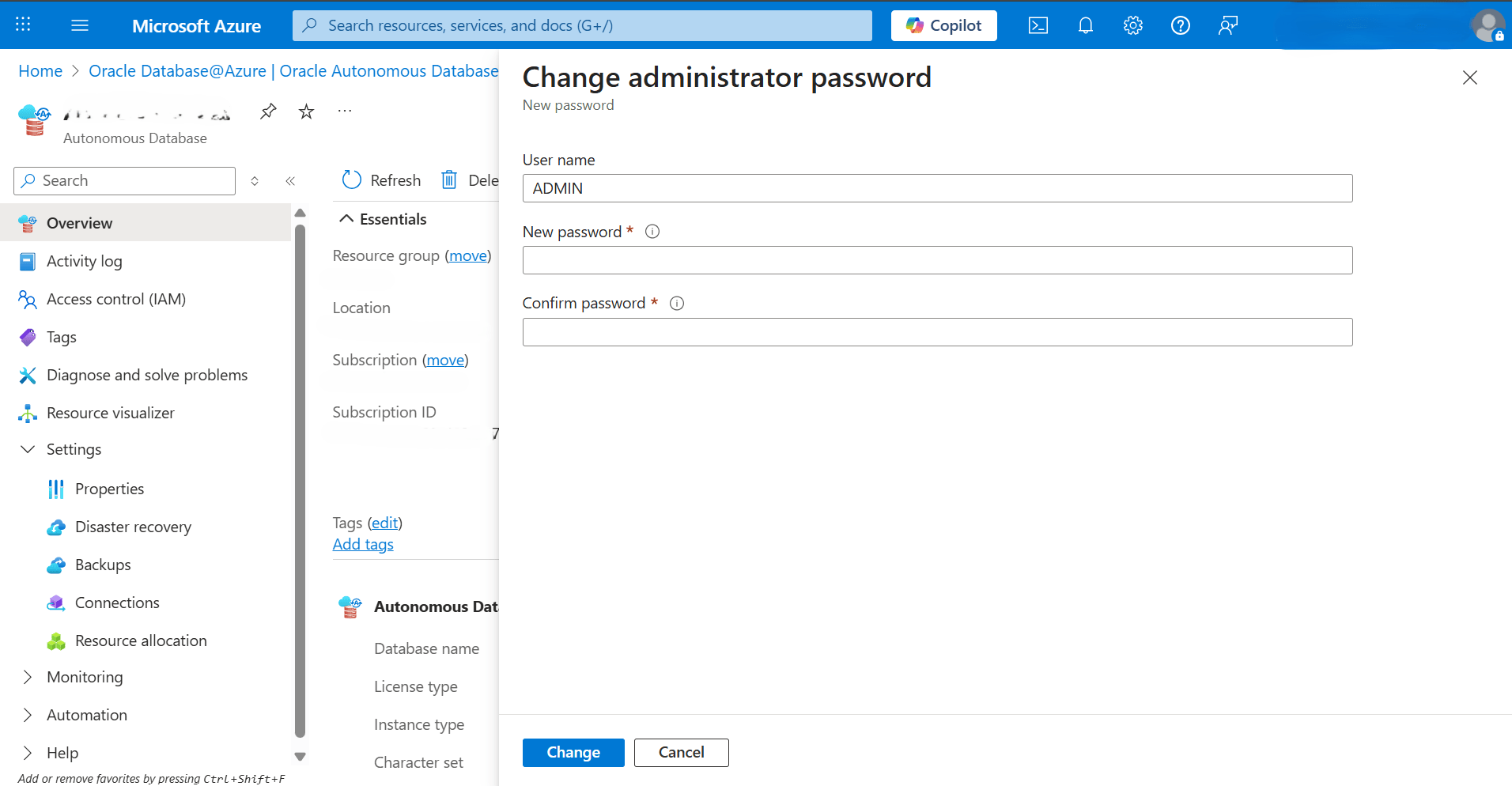 This screenshot shows how to change administrator password of an Autonomous Database.