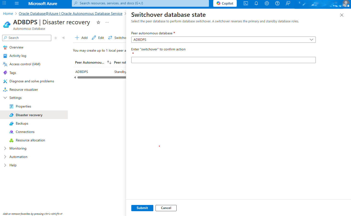 This screenshot shows how to perform a switchover.