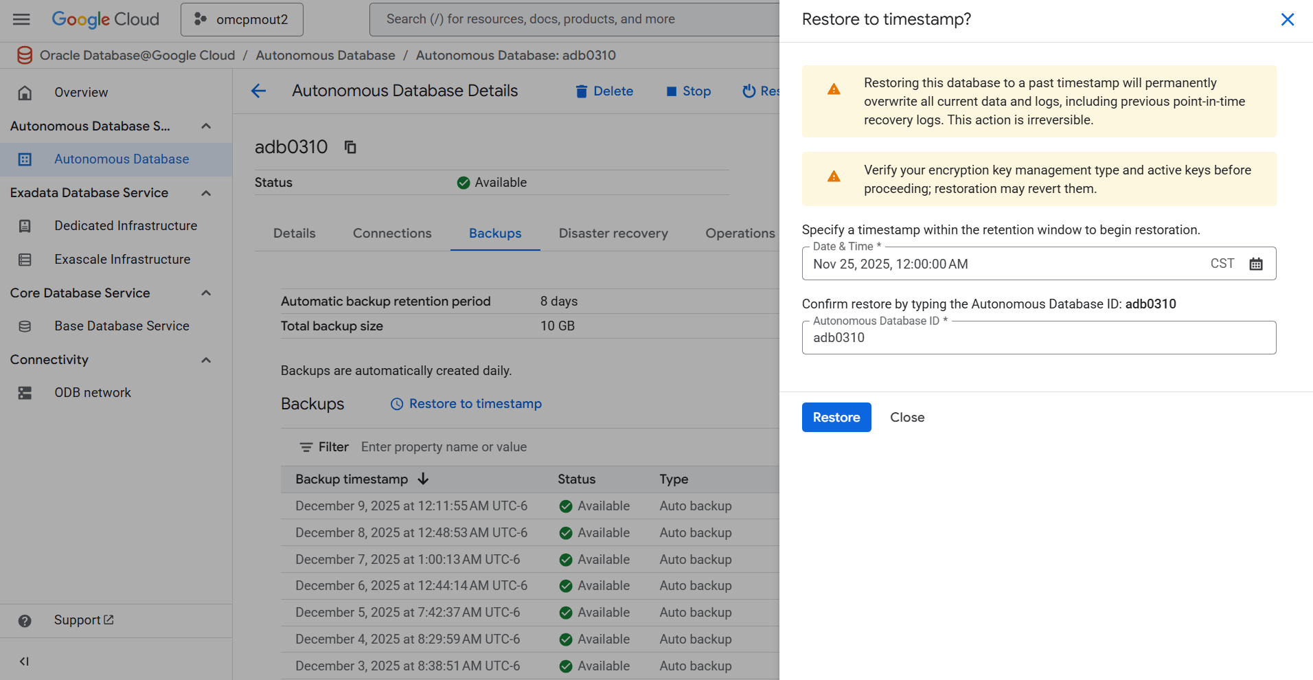 This screenshot shows how to restore to timestamp.