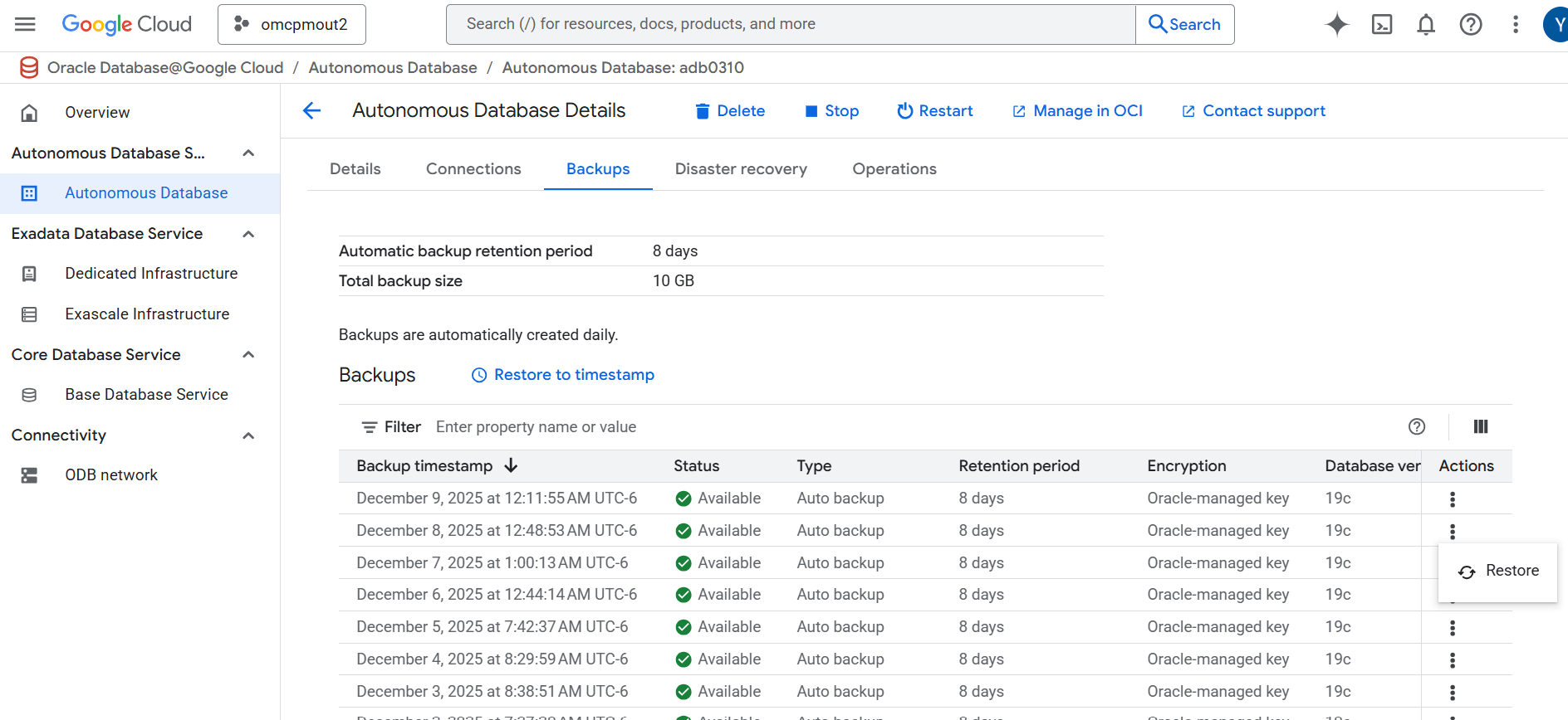 This screenshot shows how to restore from backups.