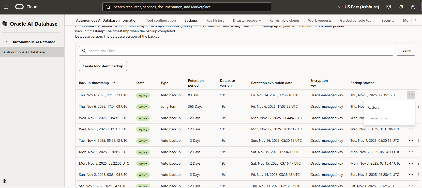 A screenshot of the process for restoring an automatic backup of an Autonomous AI Database