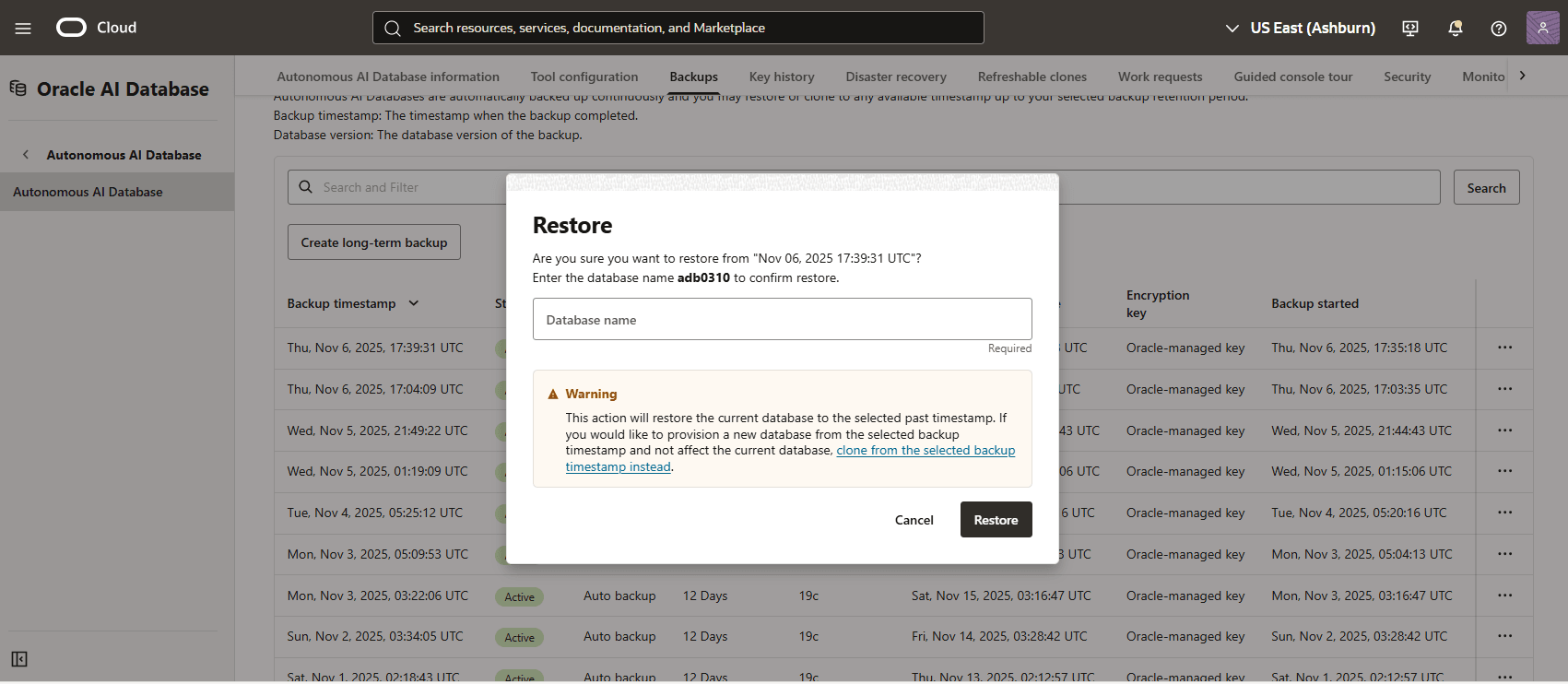 A screenshot of the process for restoring an automatic backup of an Autonomous AI Database
