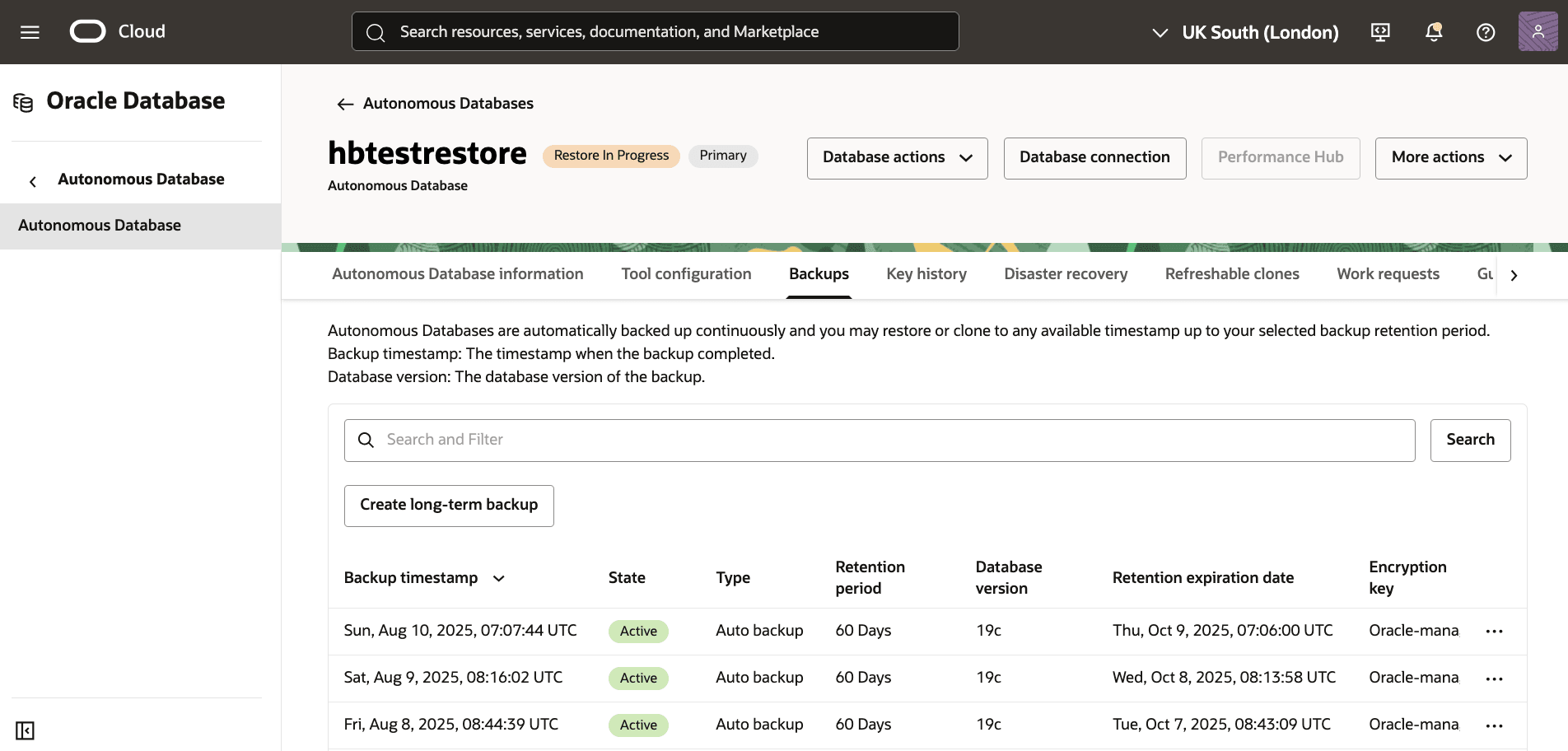 A screenshot of the process for restoring an automatic backup of an Autonomous AI Database