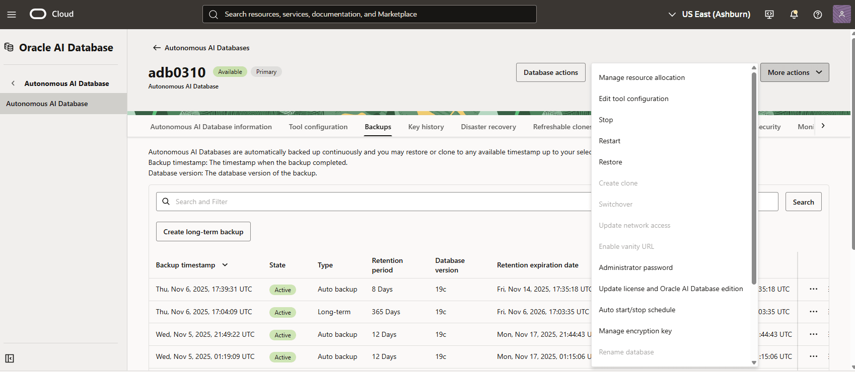 A screenshot of the process for restoring an long-term backup of an Autonomous AI Database