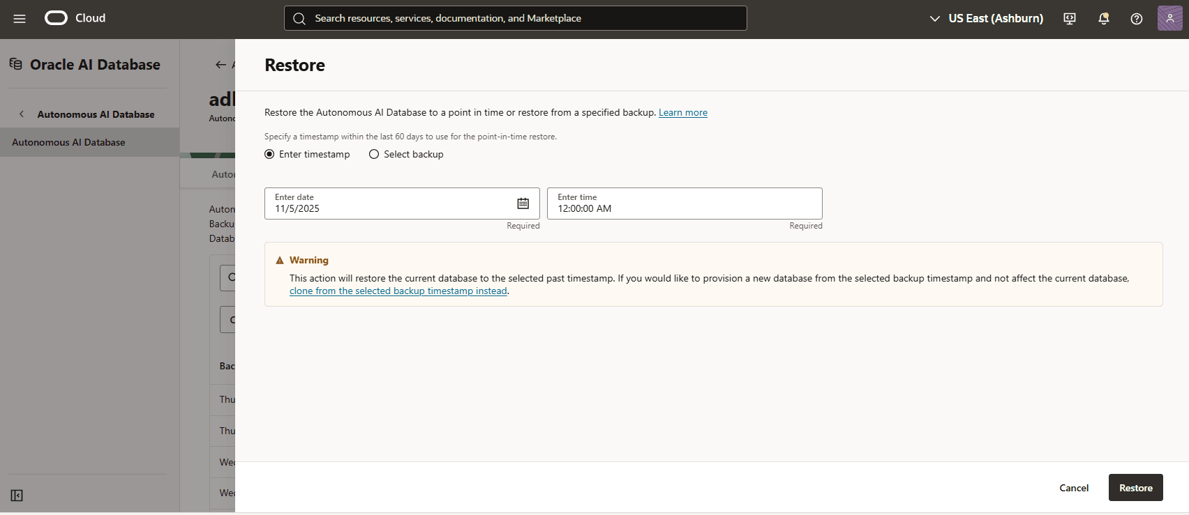 A screenshot of the process for restoring an long-term backup of an Autonomous AI Database