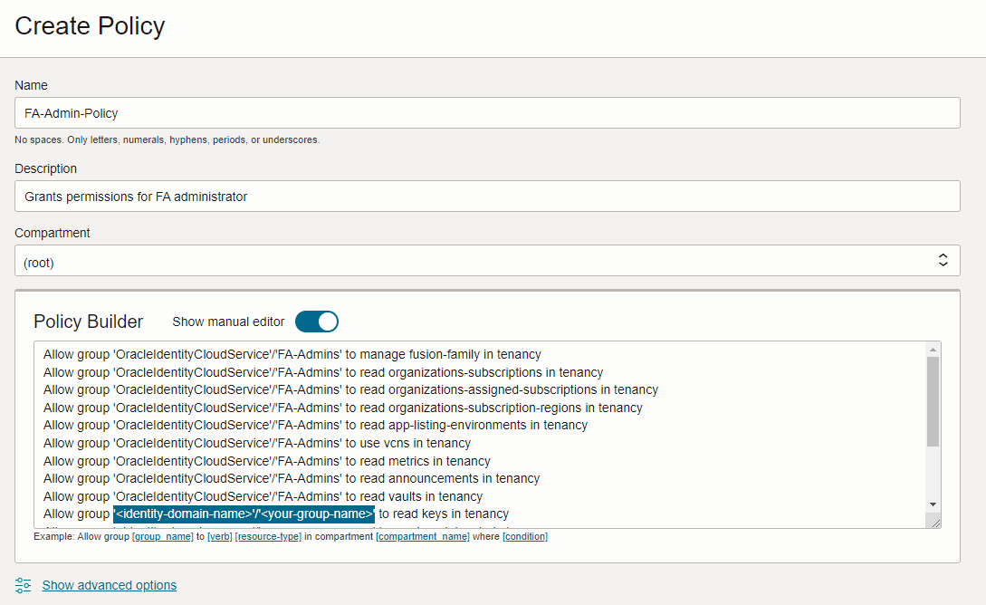 Detail showing the Policy Builder with pasted statements and updated group names