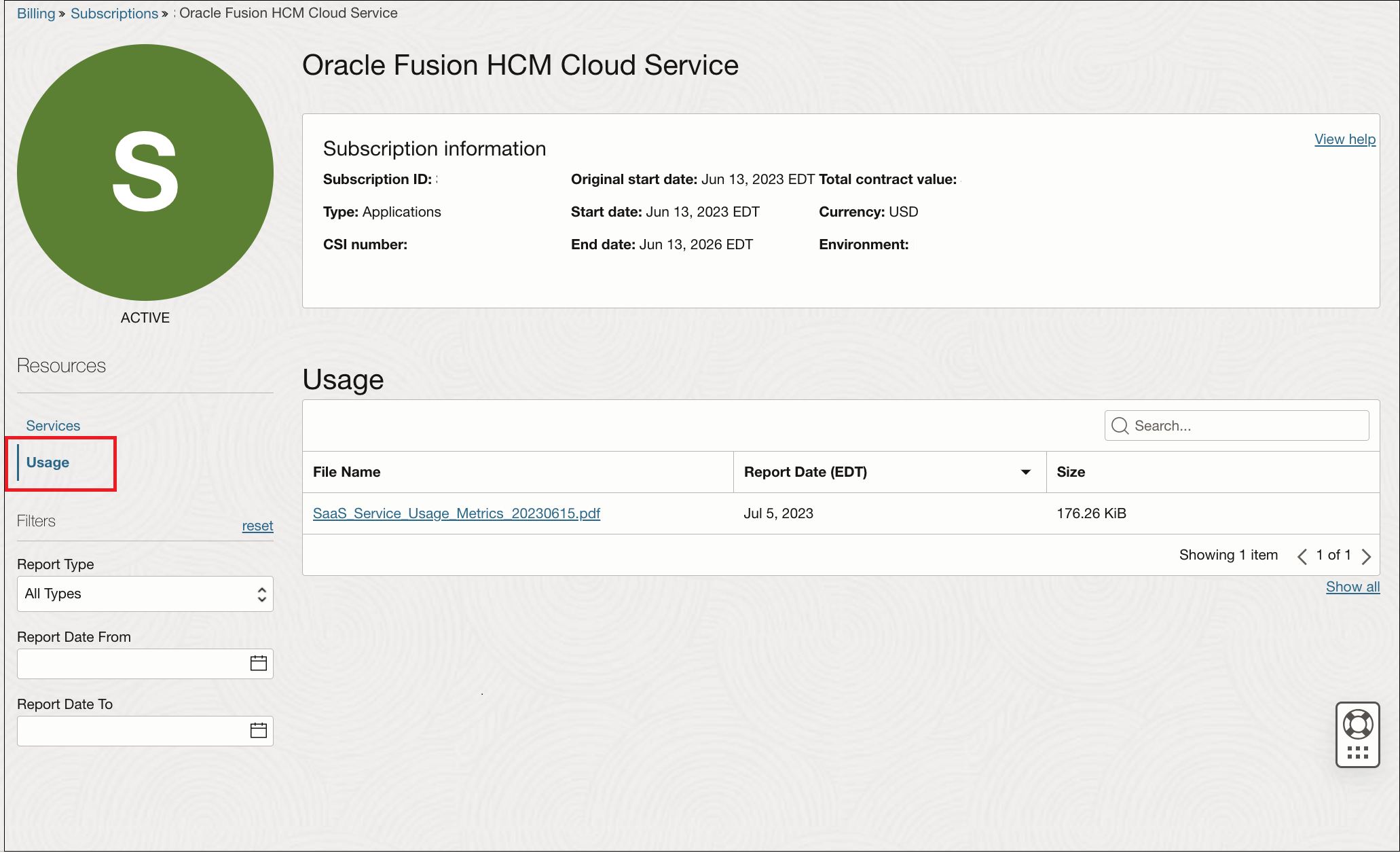 Subscription details page highlighting usage reports