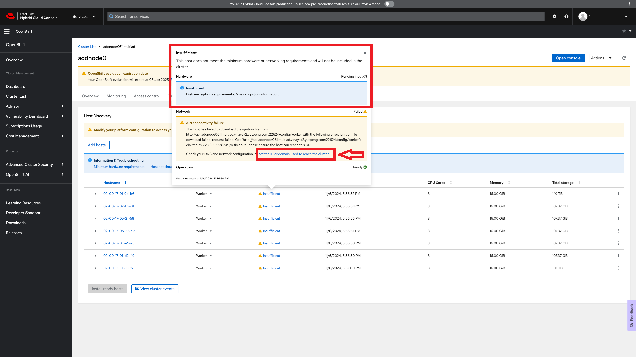 An image of the OpenShift cluster details page in the Red Hat console.