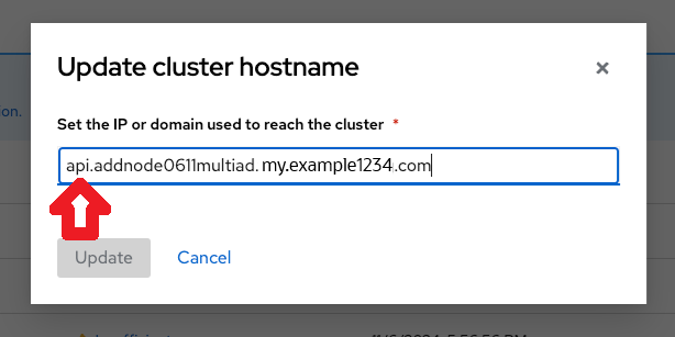 An image of the Update cluster hostname dialog.