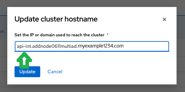 An image of the Update cluster hostname dialog after the string has been edited.